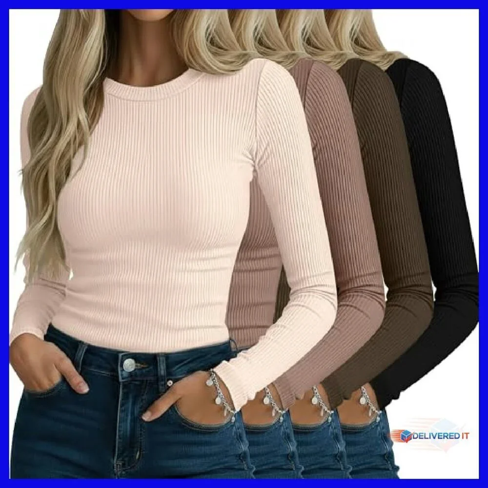 4 Pack Women's Ribbed Long Sleeve Cotton Tees Slim Fit Stretch Knit